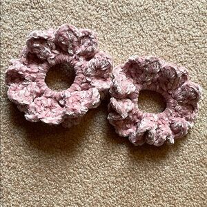 Handmade Pink Crochet heart Hair Scrunchies set of two